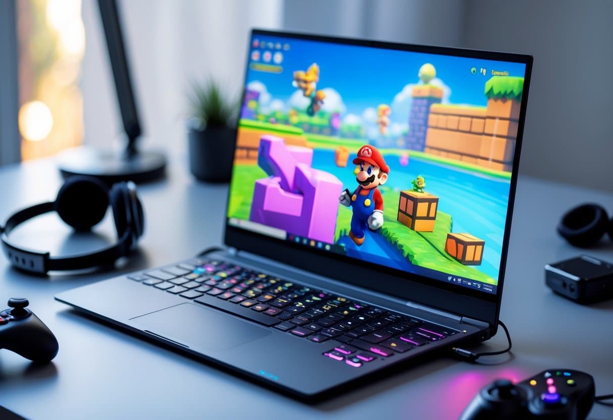 Um laptop moderno exibindo um jogo colorido de emulador de Nintendo Switch em uma mesa organizada com acessórios de jogos ao redor.