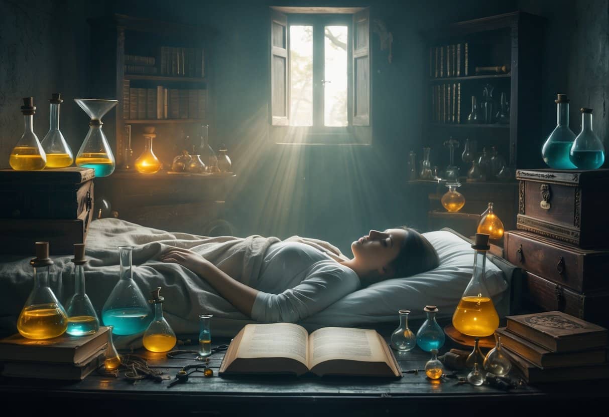 Pessoa deitada em uma cama em um quarto com equipamentos alquímicos, iluminada por uma luz suave que simboliza a transição da alma.