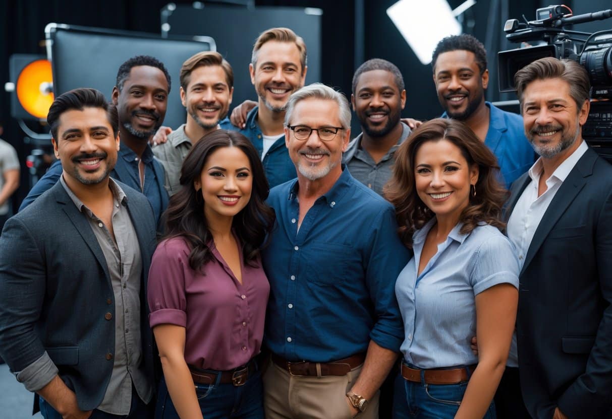 Um grupo diversificado de atores posando juntos em um estúdio de filmagem, sorrindo e interagindo de forma natural.