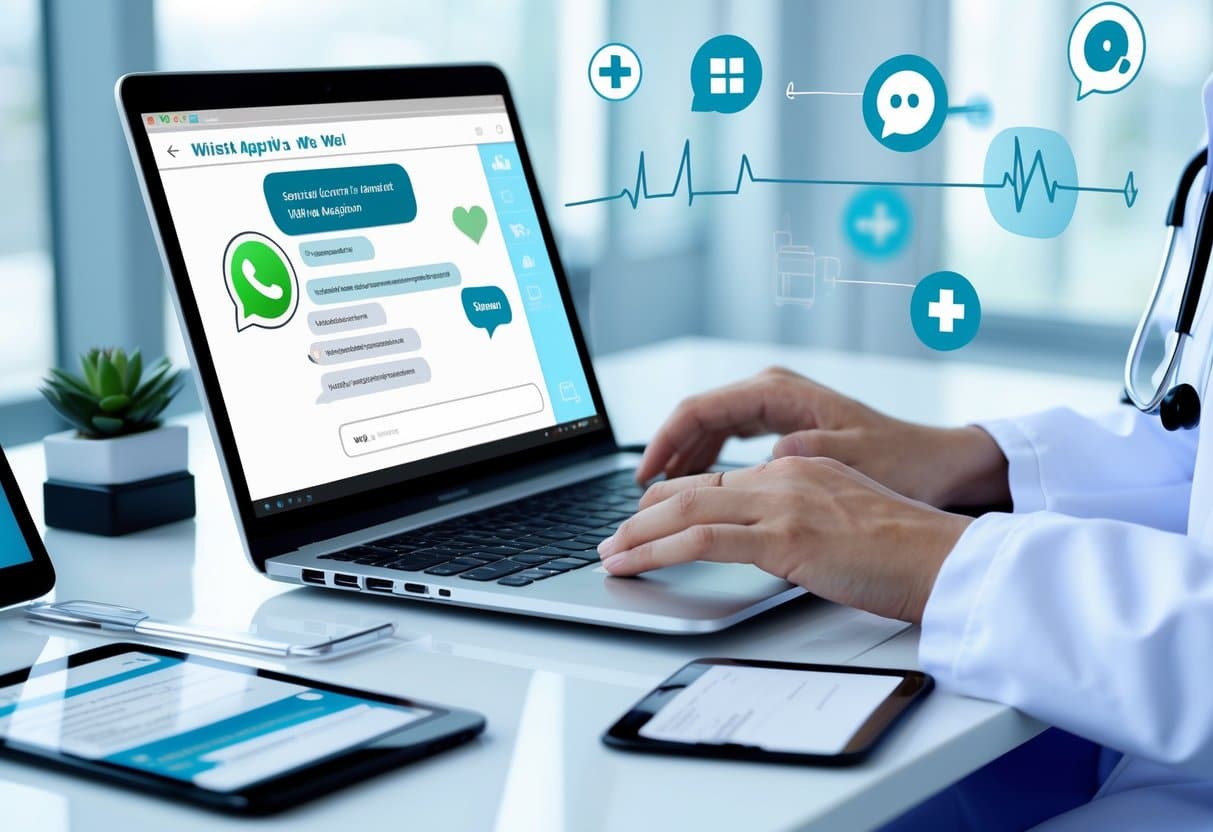 Mãos de um profissional de saúde digitando em um laptop com interface de aplicativo de mensagens, com ícones médicos sutis ao fundo, em uma mesa organizada com equipamentos médicos.
