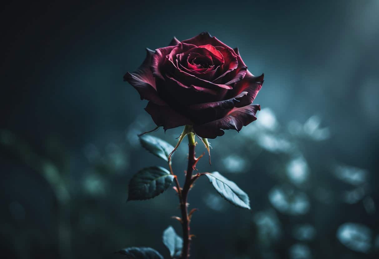 Uma rosa vermelha escura com pétalas ligeiramente murchas em um fundo desfocado e sombrio, transmitindo uma sensação de mistério e intensidade.