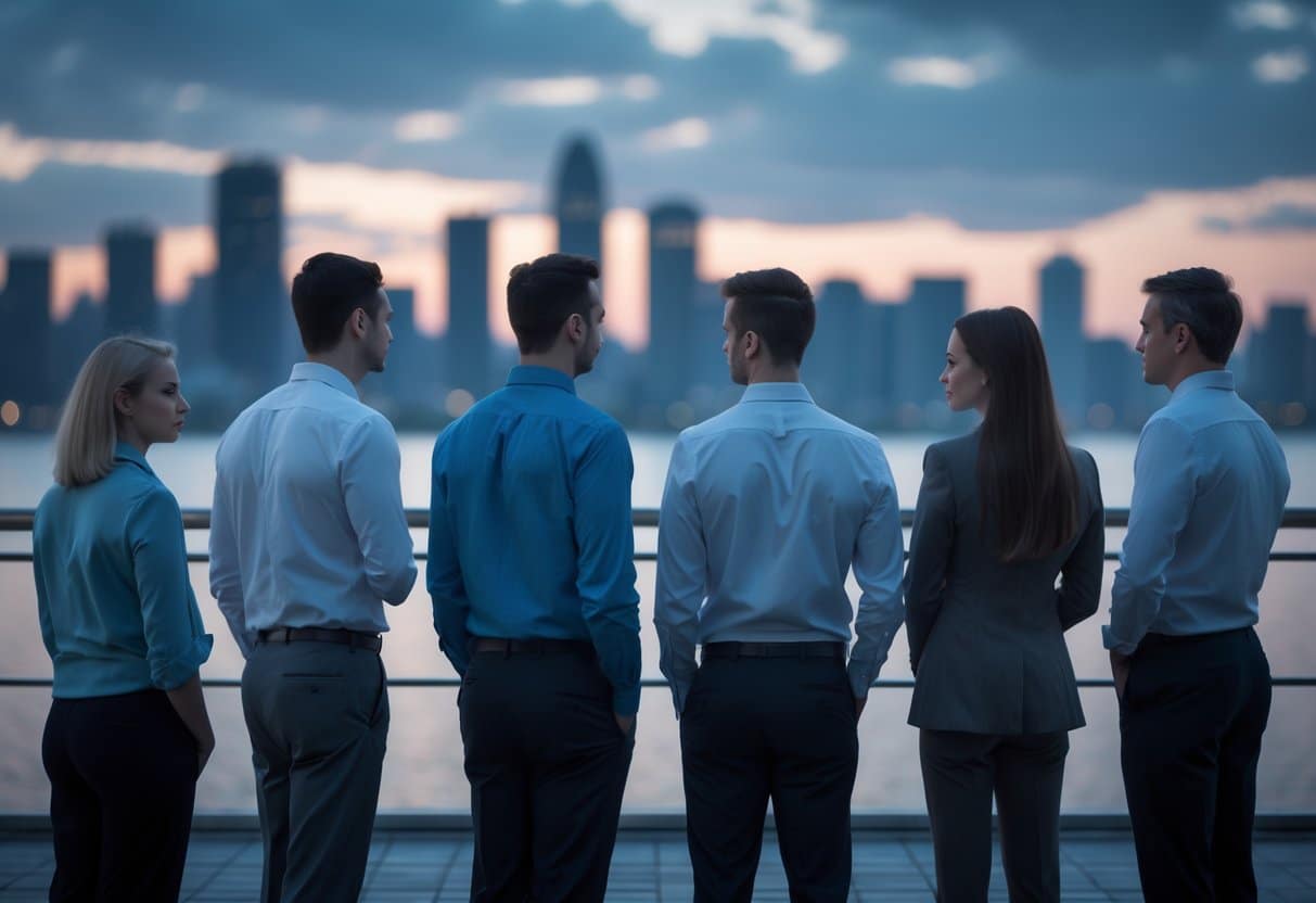 Pessoas diversas em roupas casuais de negócios, com expressões pensativas, em uma paisagem urbana ao entardecer.