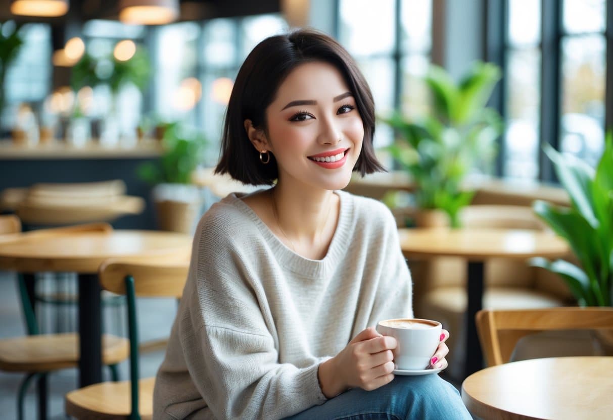 Jovem mulher sentada em um café moderno, segurando uma xícara de café e sorrindo de forma descontraída.