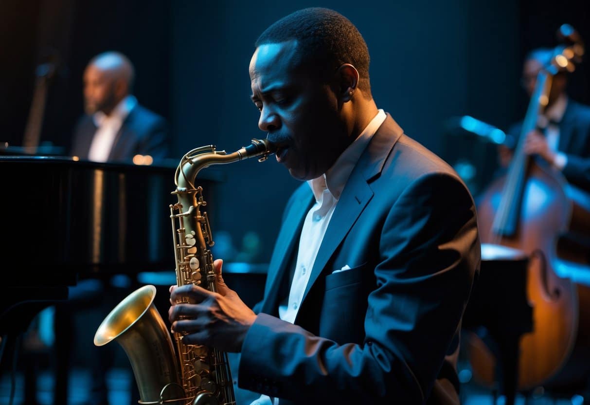 Músico de jazz tocando saxofone em um palco com iluminação suave, acompanhado por instrumentos de uma banda ao fundo.