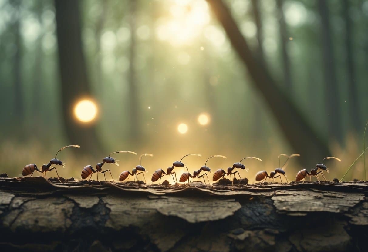 Grupo de formigas trabalhando juntas em um ambiente natural com luz suave e atmosfera tranquila.