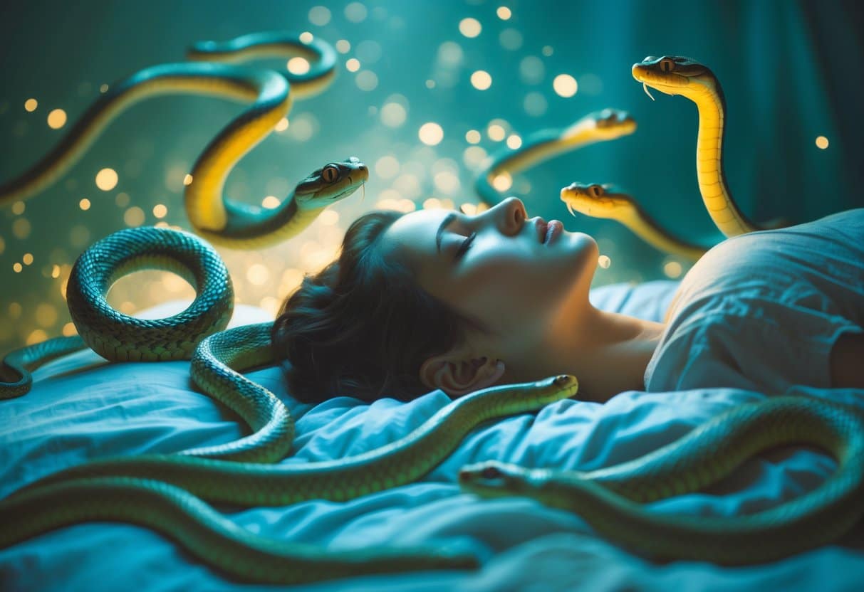 Pessoa de olhos fechados deitada em uma cama, cercada por cobras vivas que se movem suavemente no ar em um ambiente onírico e iluminado suavemente.