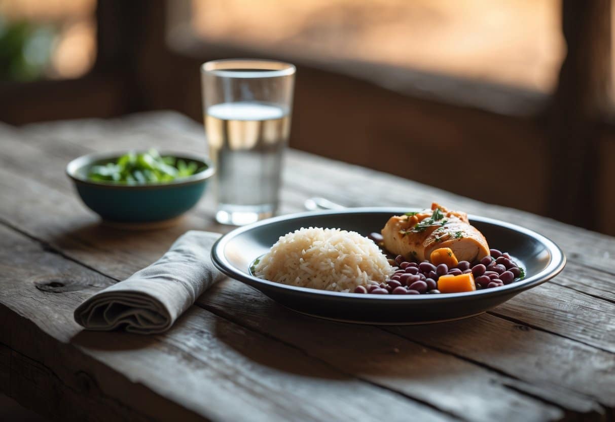 Uma refeição simples com arroz, feijão e frango em um prato sobre uma mesa de madeira em uma cozinha modesta.