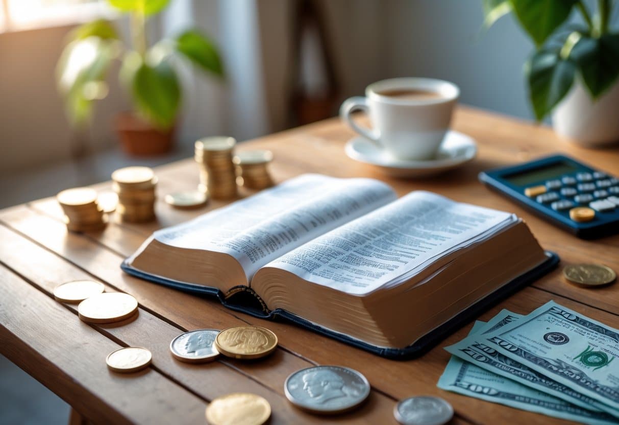 Uma Bíblia aberta sobre uma mesa de madeira com moedas, uma calculadora e cédulas ao redor, em um ambiente interno tranquilo com uma planta e uma xícara de café.