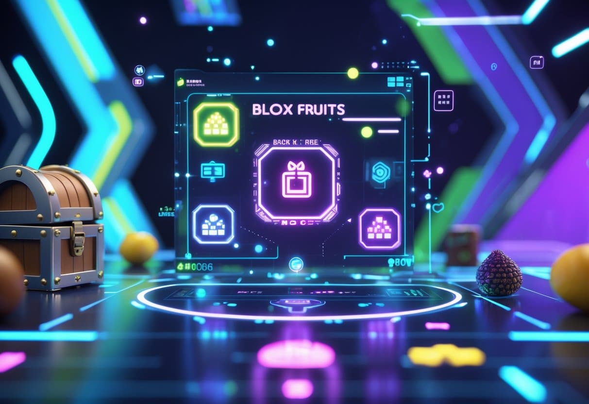 Interface digital futurista com elementos holográficos e frutas brilhantes representando códigos de jogo.