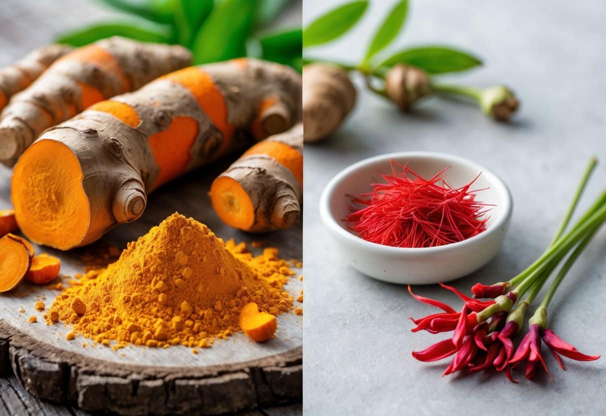 Raízes e pó de cúrcuma ao lado de fios vermelhos de açafrão em um prato branco, com flores de açafrão próximas, sobre superfícies claras e madeira.