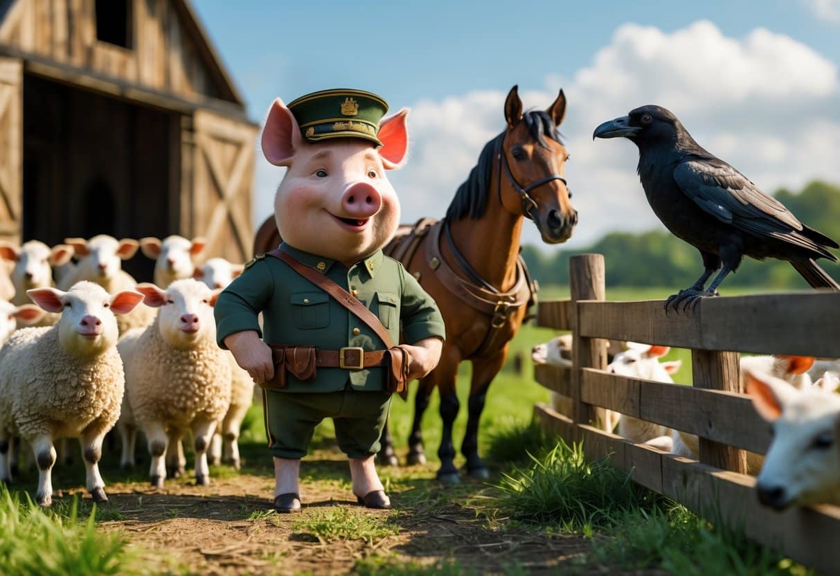 Animais da fazenda personificados em uma cena que representa personagens da Revolução dos Bichos, incluindo um porco com boné militar, um cavalo forte, um corvo empoleirado e vários outros animais ao redor em um cenário de fazenda.