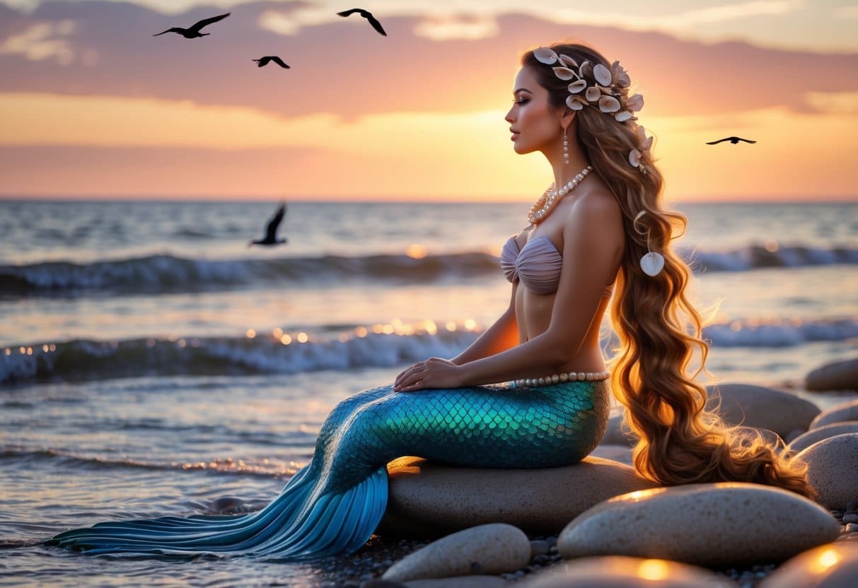 Mulher sentada em pedras na beira do mar ao pôr do sol, com cabelo longo decorado com conchas, olhando para o horizonte.