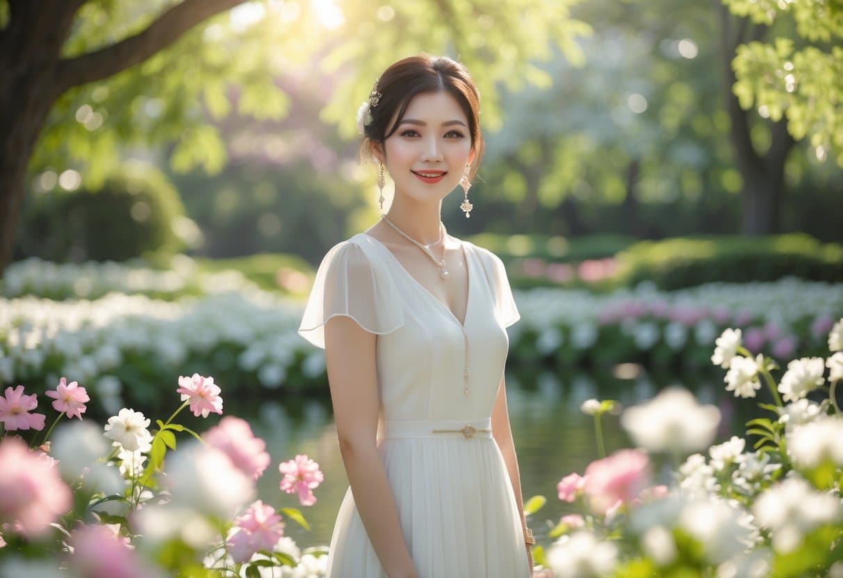 Jovem mulher sorridente em um jardim ensolarado com flores brancas e rosas, transmitindo serenidade e gentileza.