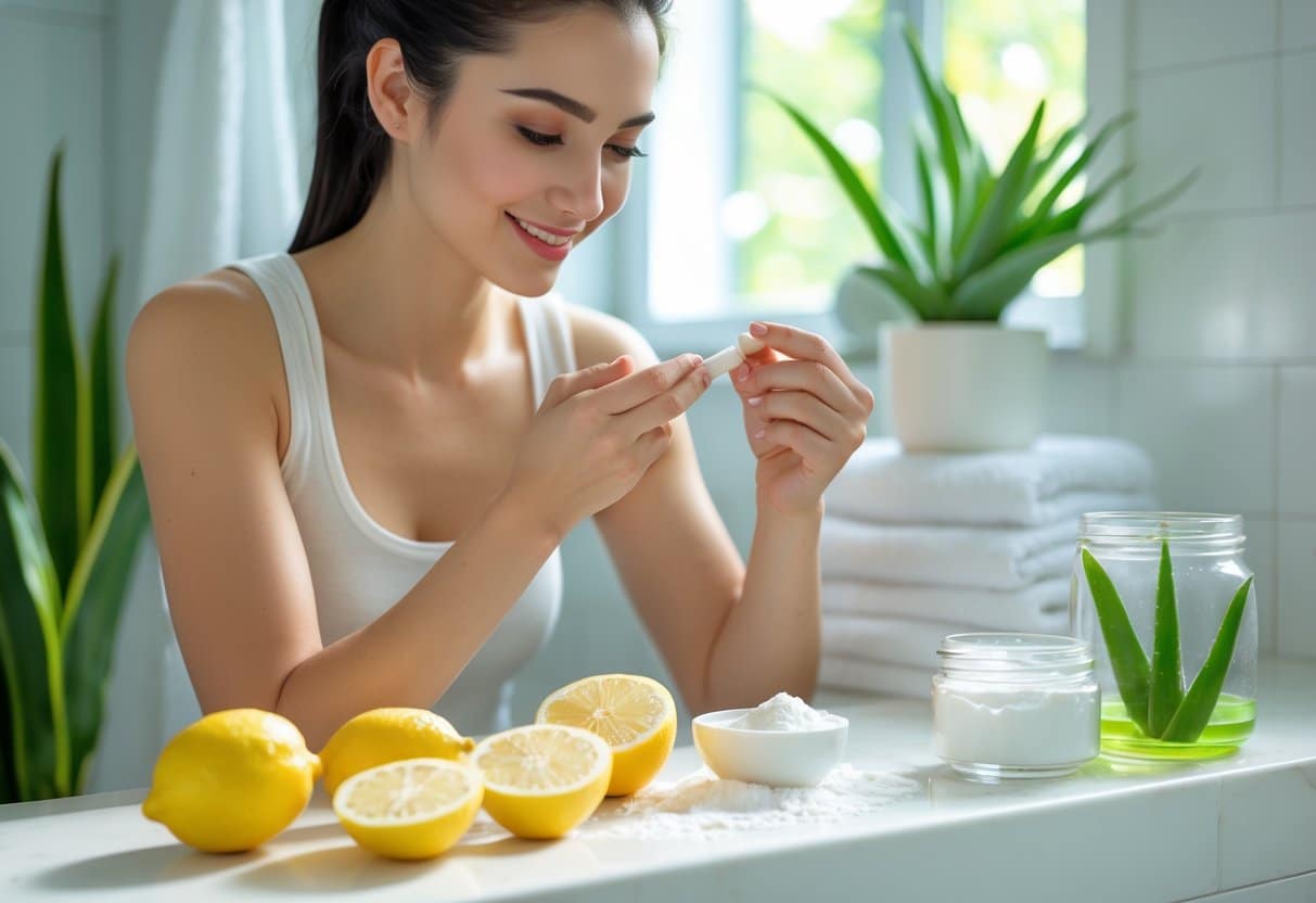 Mulher aplicando tratamento caseiro nas axilas em banheiro iluminado, com ingredientes naturais ao lado.