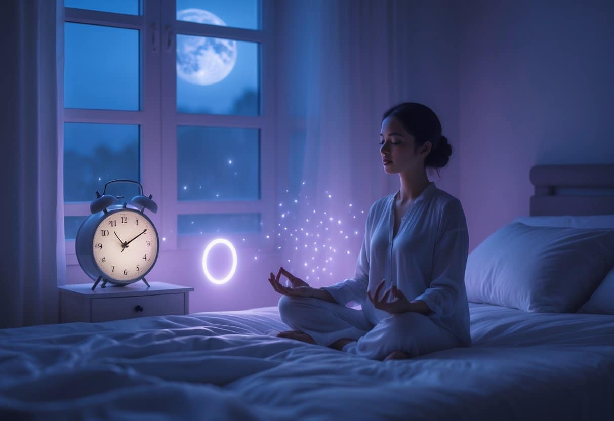 Pessoa meditando em um quarto escuro à luz da lua com um relógio marcando 3 horas da manhã.