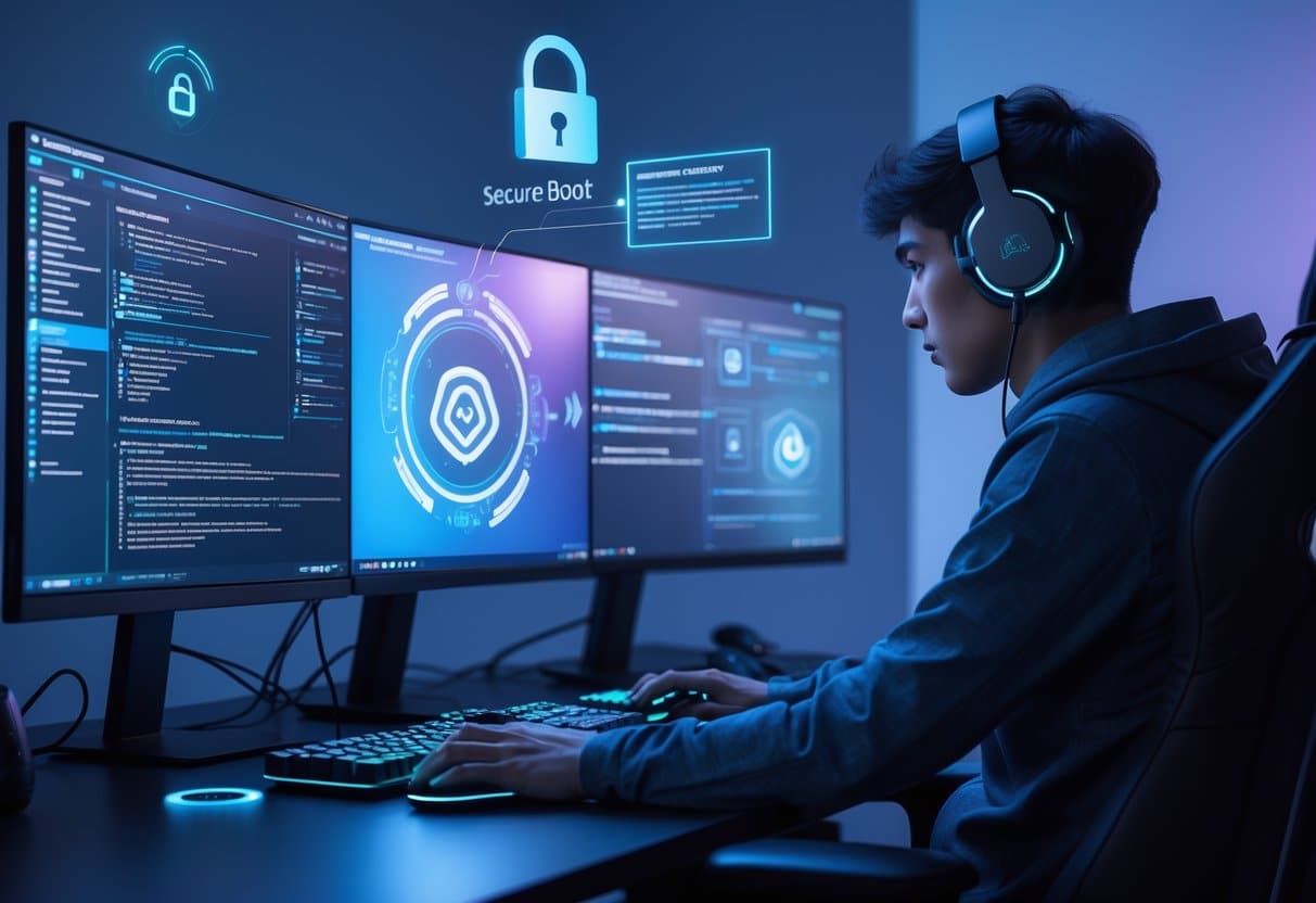 Pessoa usando fones de ouvido em frente a um computador com várias telas mostrando interfaces digitais de segurança e elementos holográficos em ambiente escuro com iluminação azul.