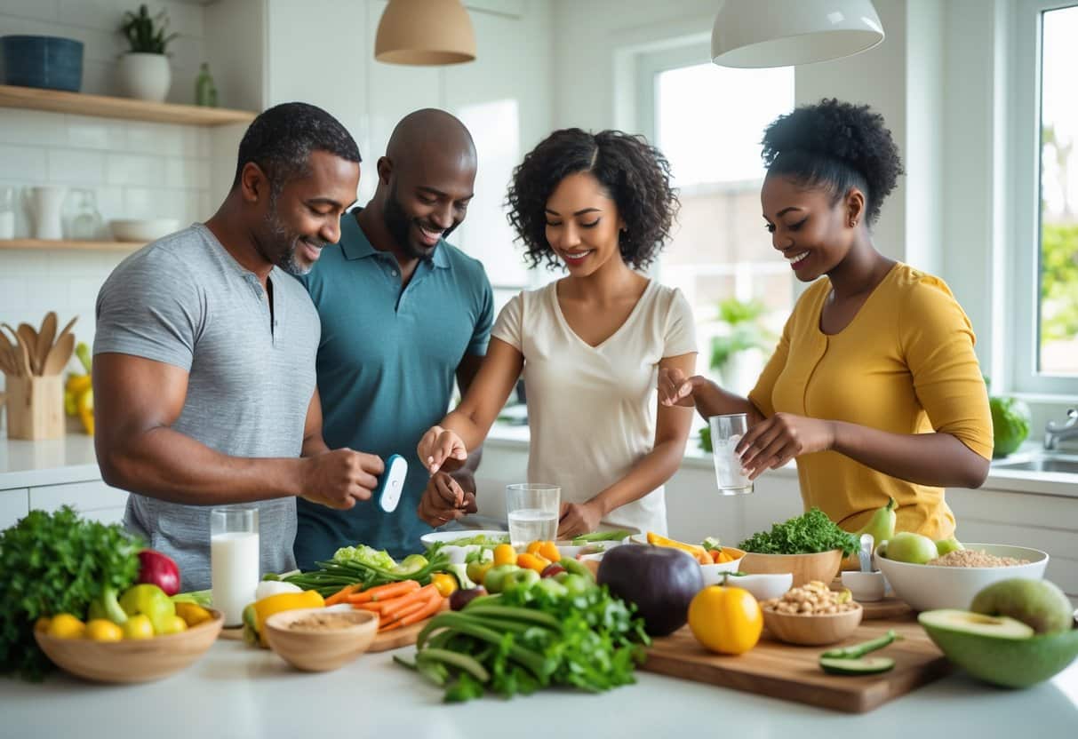 Três adultos em uma cozinha moderna preparando uma refeição saudável com frutas e vegetais frescos, uma pessoa mede o nível de glicose no sangue com um aparelho.