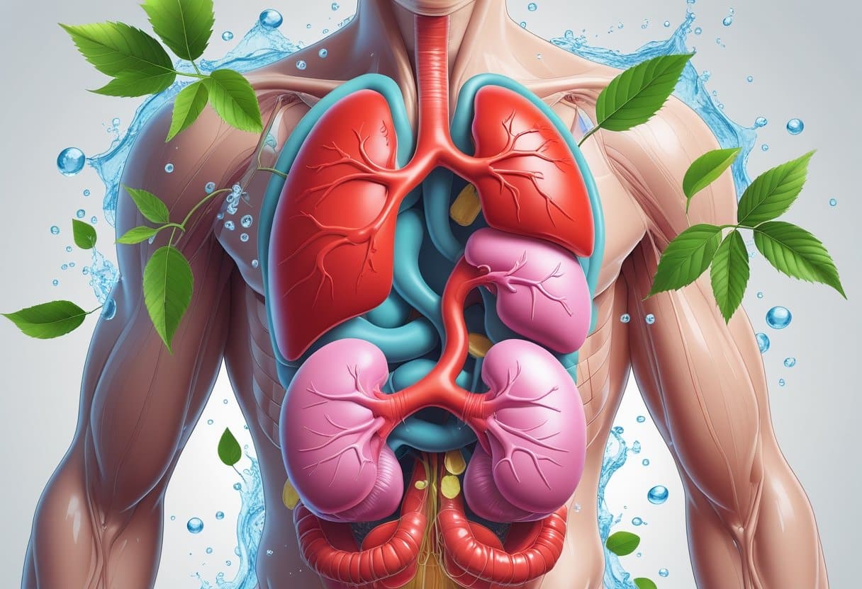Ilustração do torso humano destacando o fígado e os rins com elementos naturais ao redor representando limpeza e desintoxicação.