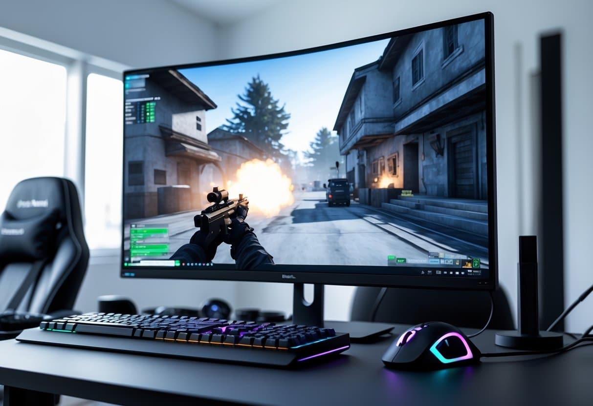Setup de jogo moderno com monitor mostrando gameplay de Counter-Strike 2, teclado mecânico e mouse gamer em uma sala bem iluminada.