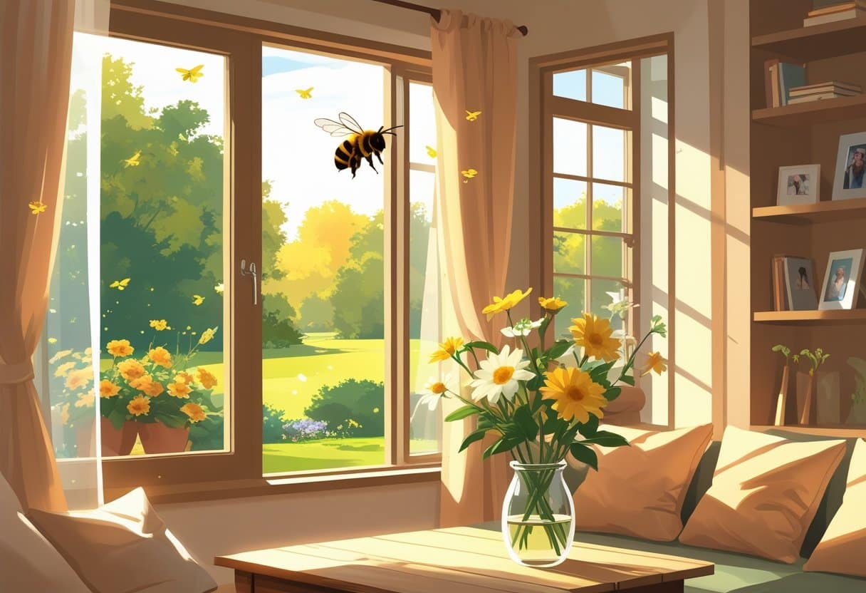 Um interior acolhedor de uma casa com uma abelha voando perto de um vaso de flores sobre uma mesa de madeira, com luz suave entrando pela janela.