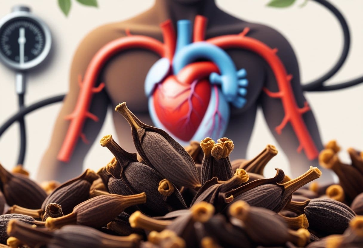 Ilustração mostrando cravos-da-índia em primeiro plano e um corpo humano com as artérias destacadas em vermelho para indicar pressão arterial alta.