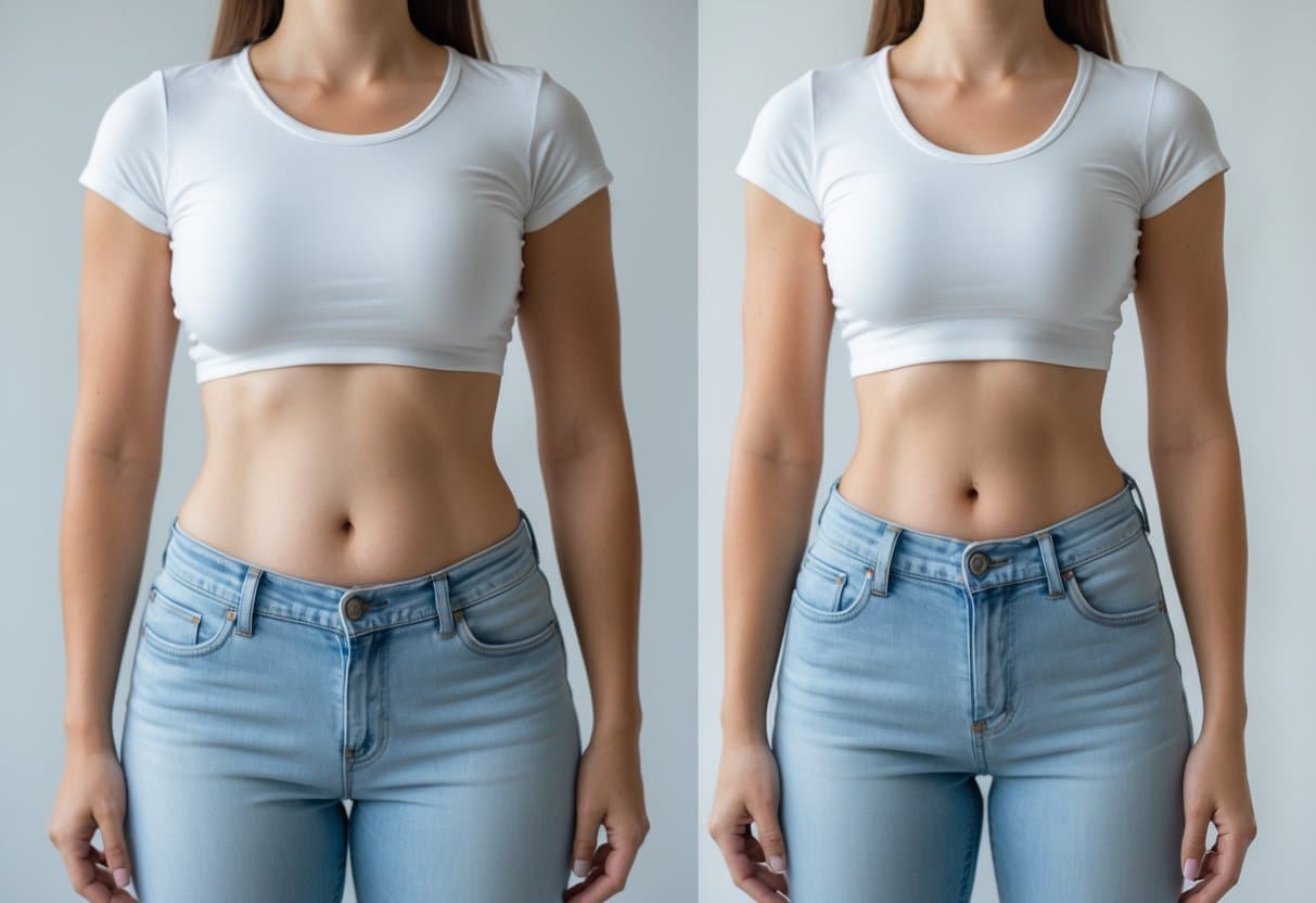 Comparação lado a lado do torso de uma pessoa antes e depois de um mês de tratamento para perda de peso, mostrando redução na cintura.