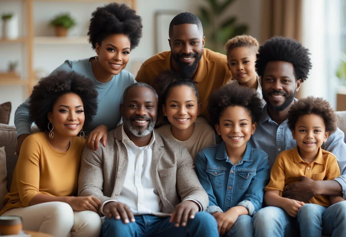 Uma família Wayans reunida em uma sala de estar aconchegante, sorrindo e interagindo com alegria.