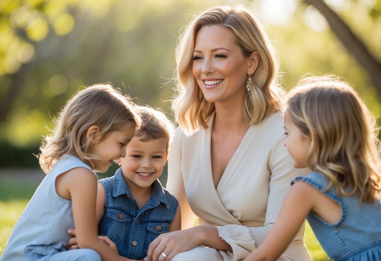 Blake Lively sorrindo com seus filhos em um ambiente ao ar livre, rodeados por vegetação verde.