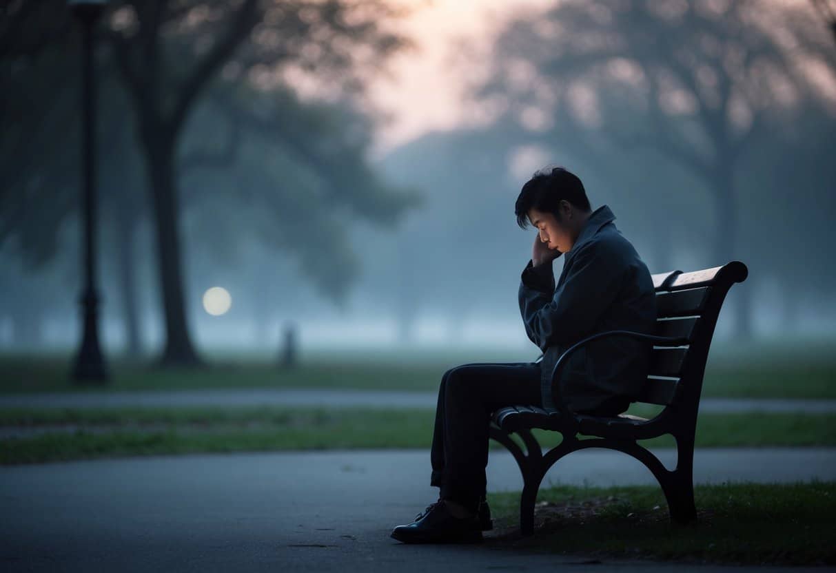 Pessoa sentada sozinha em um banco de parque ao entardecer, com expressão triste e pensativa, cercada por árvores e neblina.
