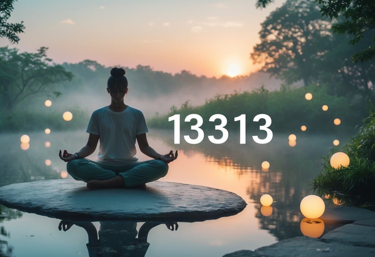Pessoa meditando em uma paisagem natural tranquila com névoa suave e luz do amanhecer ao fundo.