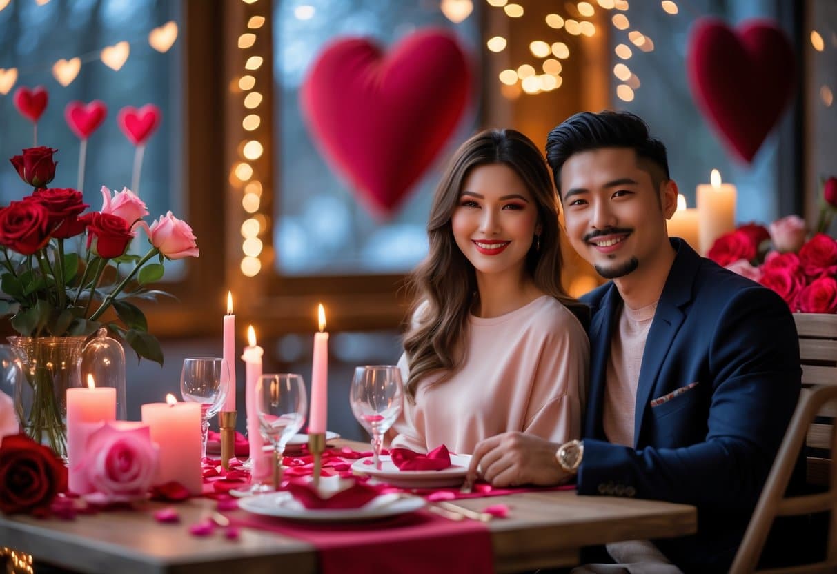 Um casal sorridente sentado à mesa decorada com rosas vermelhas e velas em formato de coração, em um ambiente acolhedor e romântico.