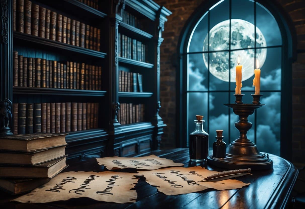 Uma biblioteca gótica com livros antigos, uma mesa com papéis manuscritos, velas acesas e uma janela mostrando a lua cheia à noite.