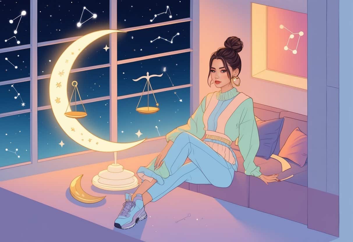 Uma jovem mulher estilosa em um quarto minimalista com uma janela mostrando o céu noturno e uma balança brilhante ao seu lado.