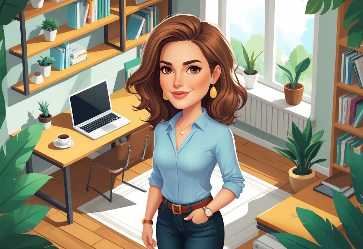 Mulher confiante em um escritório moderno e acolhedor, com cabelo castanho ondulado, vestindo blusa azul clara e jeans escuros, em pé perto de uma mesa com laptop e planta.