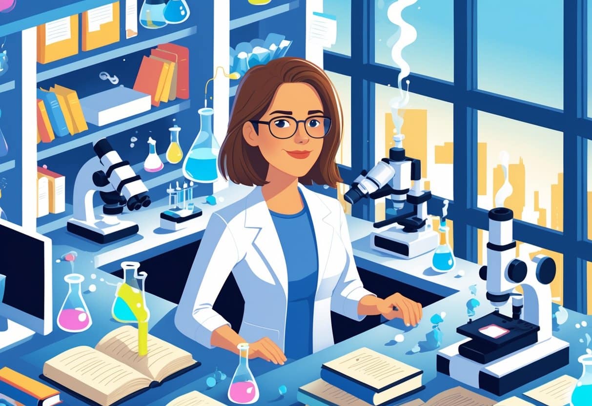 Mulher cientista em um laboratório moderno com equipamentos científicos e livros ao redor.