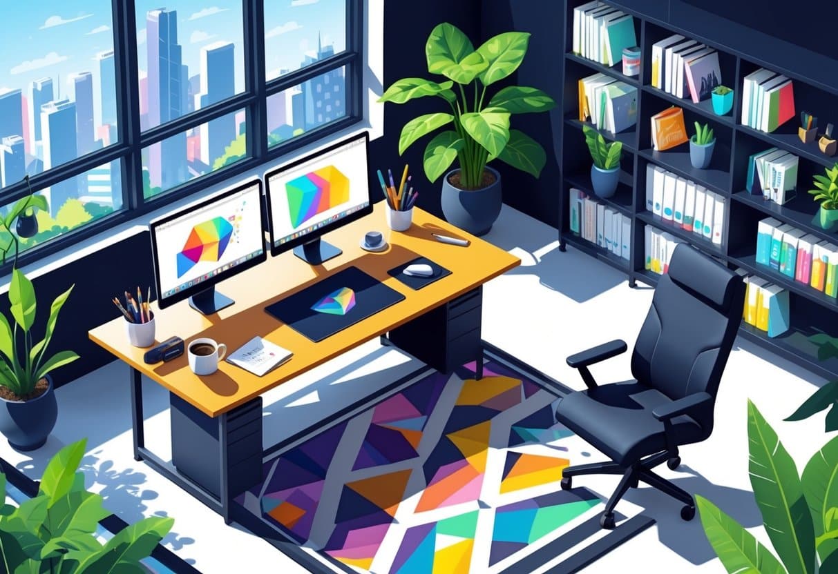 Um escritório moderno com uma mesa de trabalho, computador com designs coloridos, cadeira confortável, prateleira com livros e plantas ao redor.