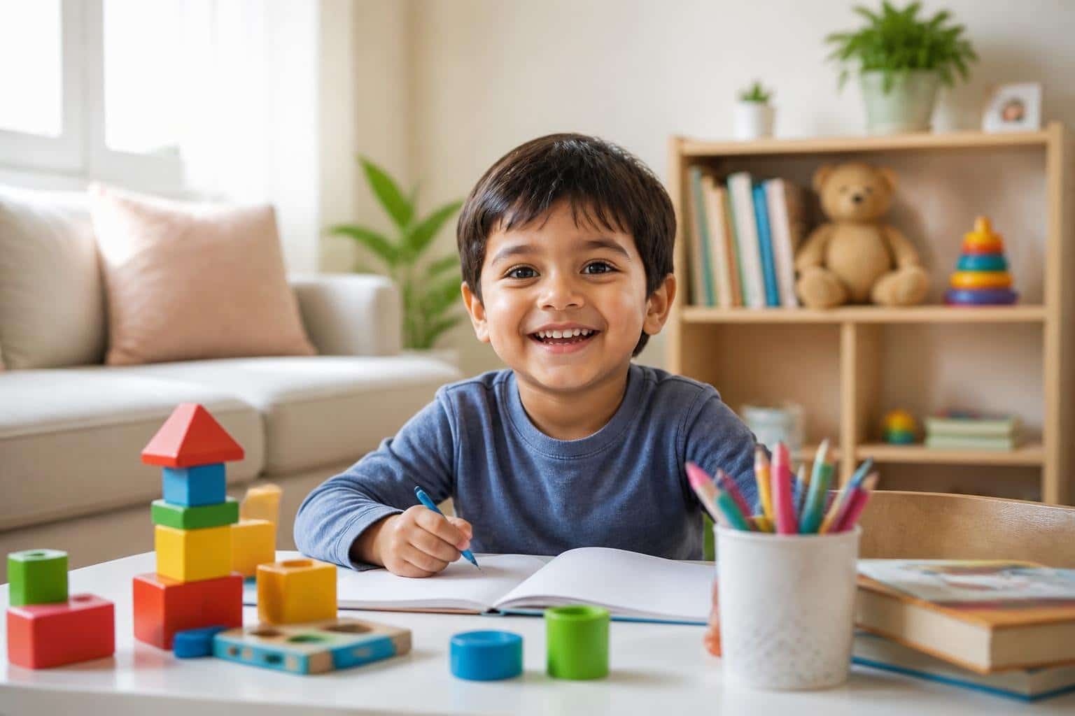 Criança sorridente sentada em uma mesa pequena com brinquedos e livros ao redor, em uma sala de estar iluminada.