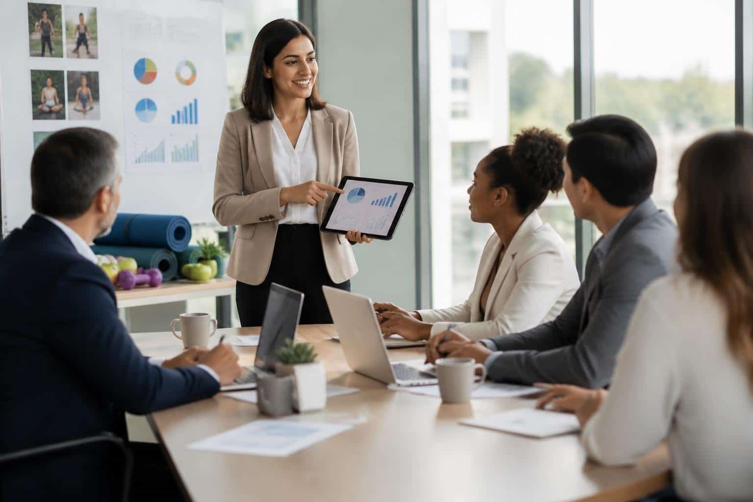 Grupo de profissionais discutindo programas de bem-estar corporativo em uma sala de reunião moderna.
