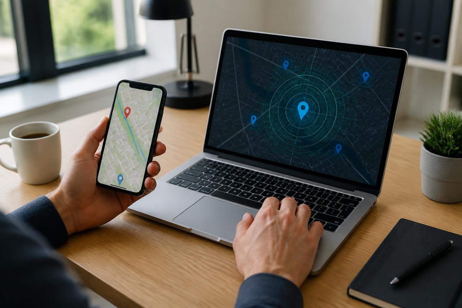 Pessoa usando smartphone e laptop mostrando mapas e sinais de localização em um ambiente de escritório.