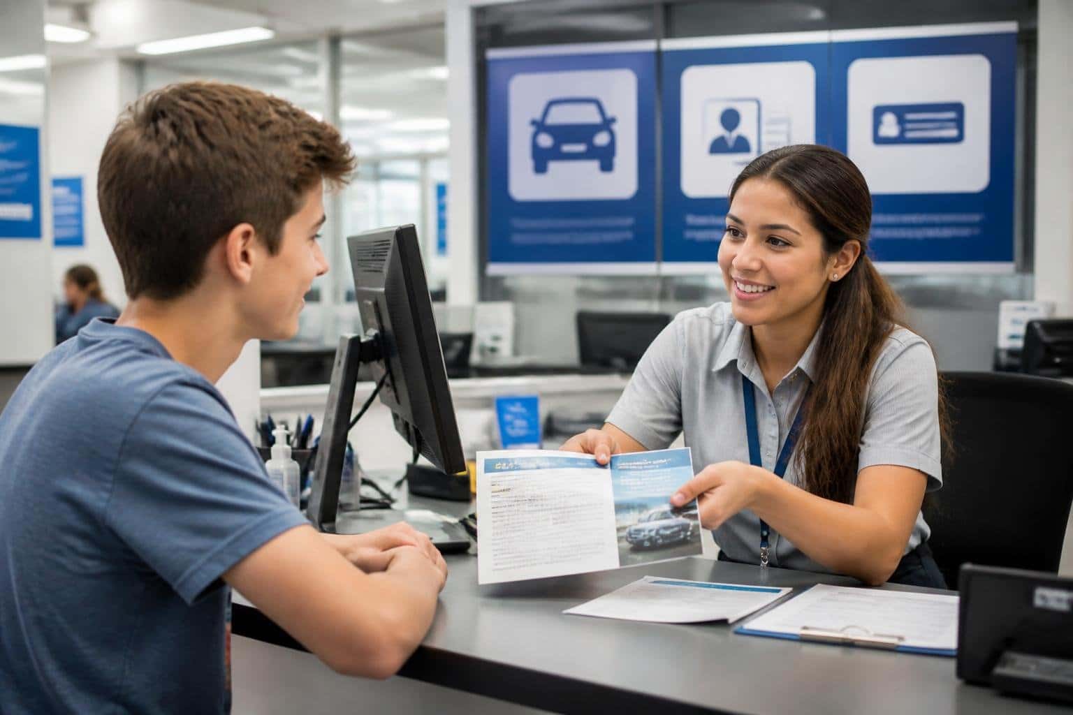 Jovem sentado em um balcão de atendimento para tirar carteira de motorista, conversando com um atendente em um ambiente moderno e organizado.
