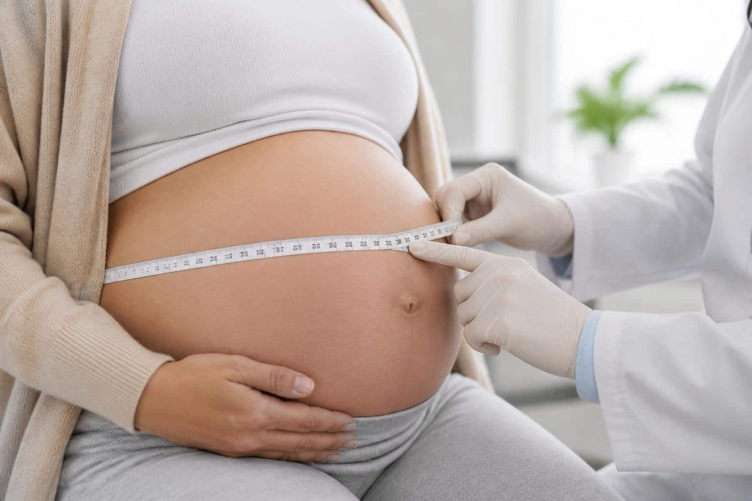 Mulher grávida em consulta médica com profissional medindo a circunferência da barriga com uma fita métrica.