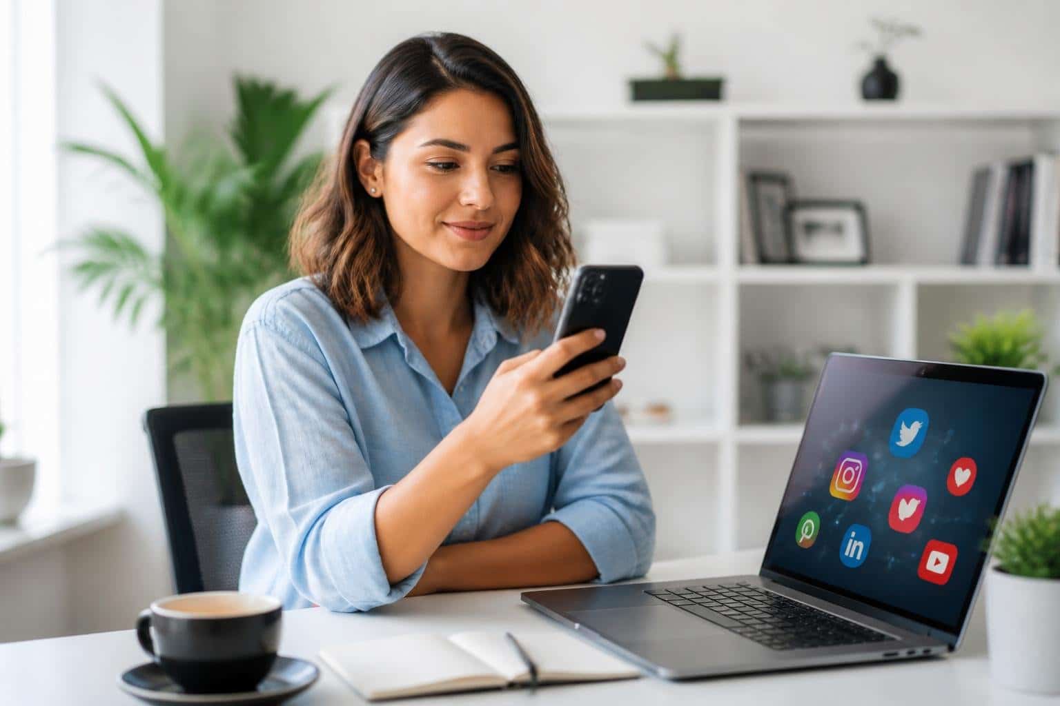 Mulher jovem sentada em uma mesa moderna, segurando um smartphone e olhando para a tela, com um laptop aberto à sua frente em um ambiente claro e organizado.