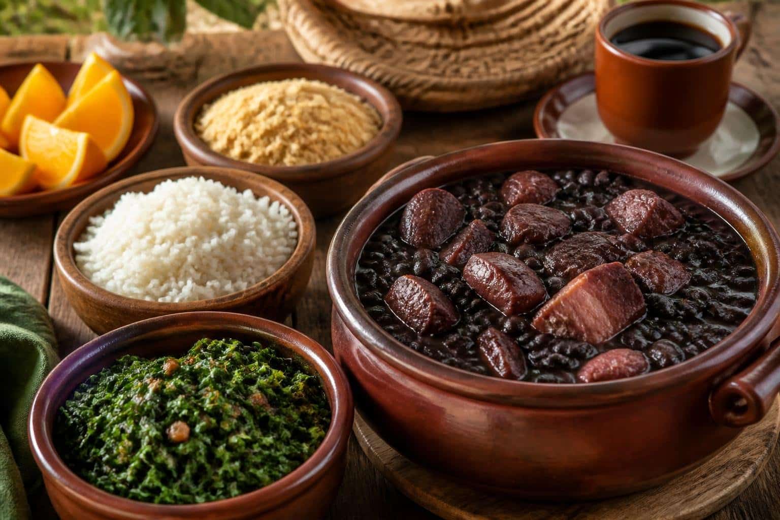 Mesa com pratos tradicionais da região Sudeste do Brasil, incluindo feijoada, arroz branco, couve, farofa e fatias de laranja.