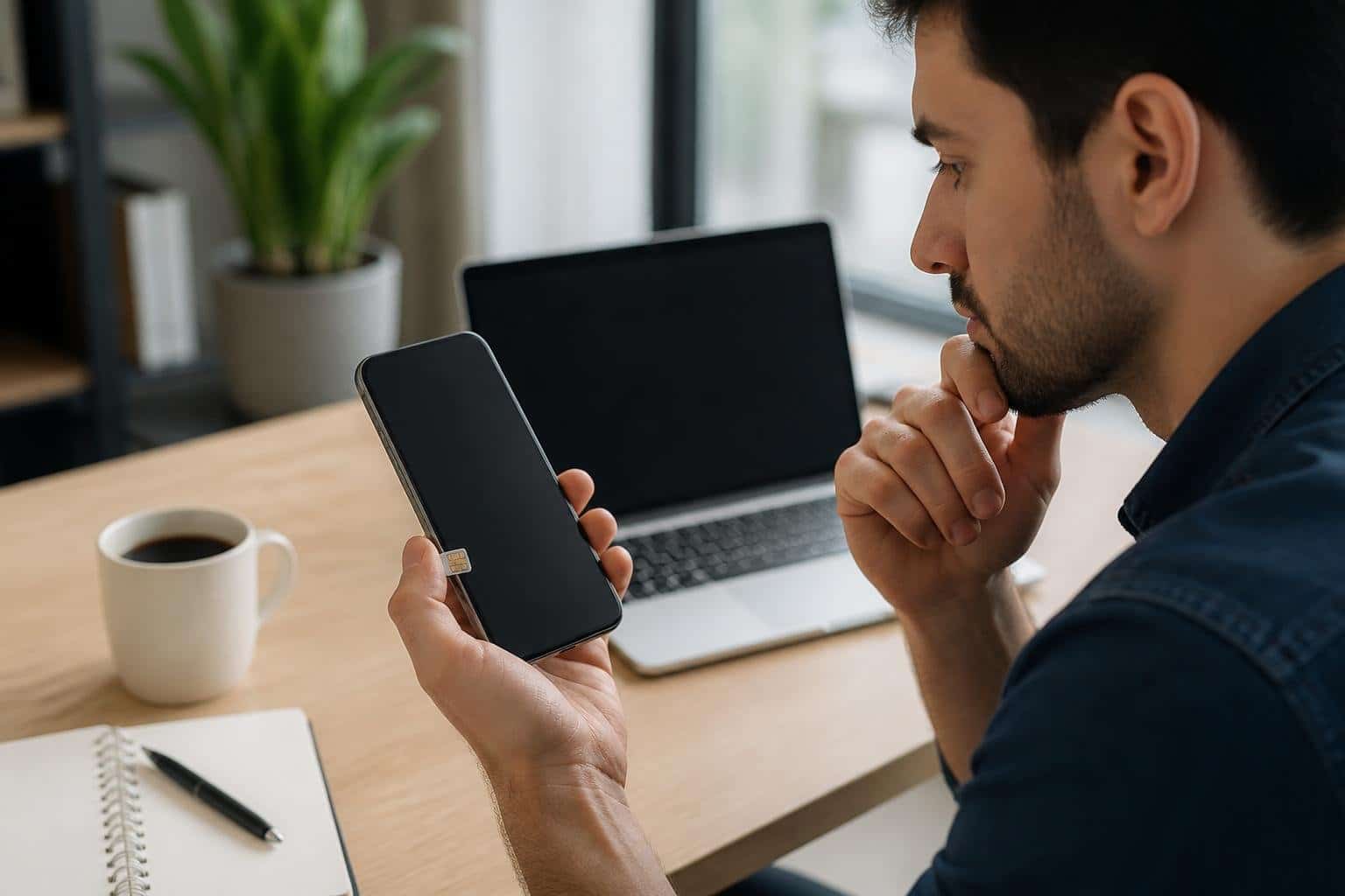 Pessoa segurando um smartphone com um chip parcialmente inserido, olhando para a tela em um ambiente interno moderno.