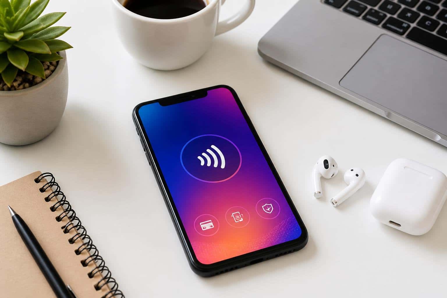 Um smartphone moderno sobre uma mesa branca com fones de ouvido, uma xícara de café e uma planta pequena ao redor.