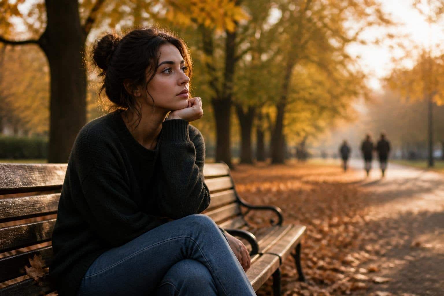 Mulher jovem sentada sozinha em um banco de parque, olhando pensativa para o horizonte em um ambiente de outono.