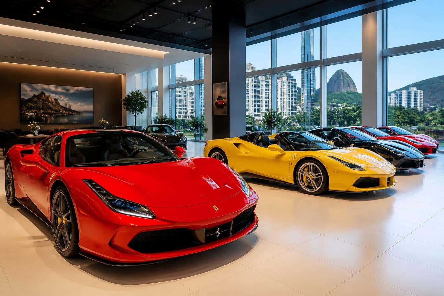 Showroom moderno no Brasil com várias Ferraris esportivas alinhadas em um ambiente iluminado e elegante.