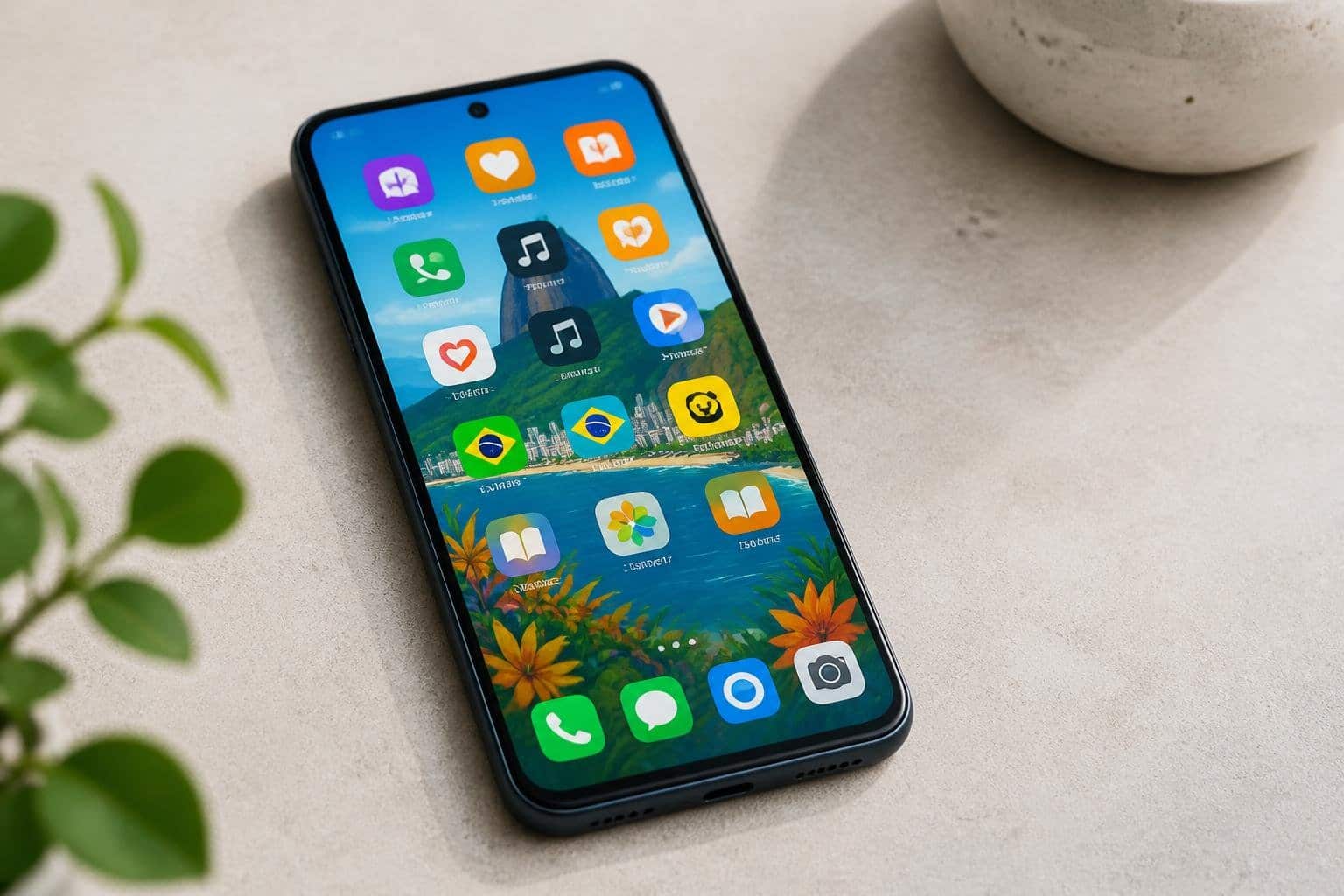 Um celular moderno brasileiro sobre uma superfície neutra, com a tela mostrando ícones de aplicativos coloridos e vibrantes.