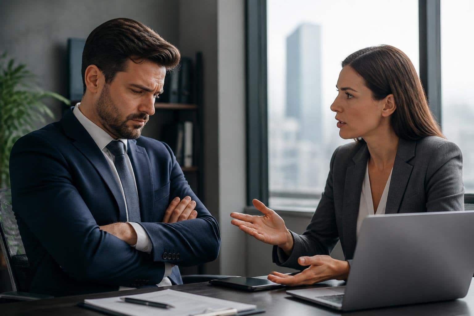 Um homem orgulhoso com expressão magoada sentado em uma mesa de escritório, enquanto uma mulher confiante fala com ele de forma assertiva.