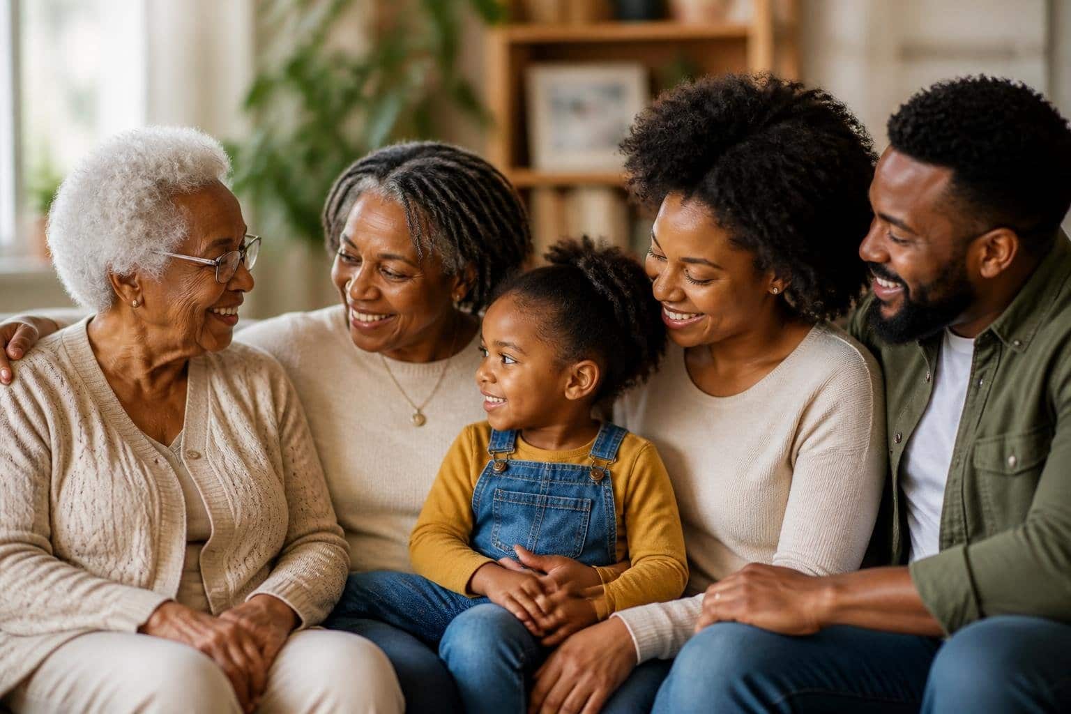 Uma família reunida representando várias gerações, desde o tataraneto até os antepassados mais velhos, em um ambiente acolhedor.